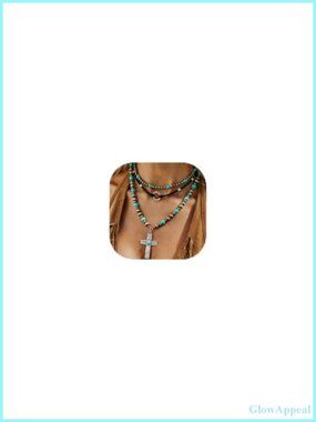 Western Boho Turquoise Cross Necklace Set with Pearl Beaded Choker, Layered